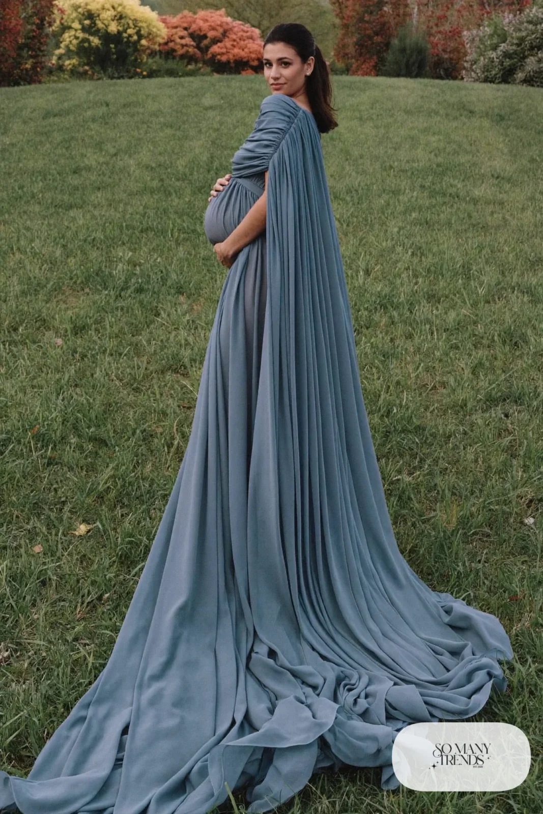 dusty blue chiffon maternity gown long train hillside photo 6