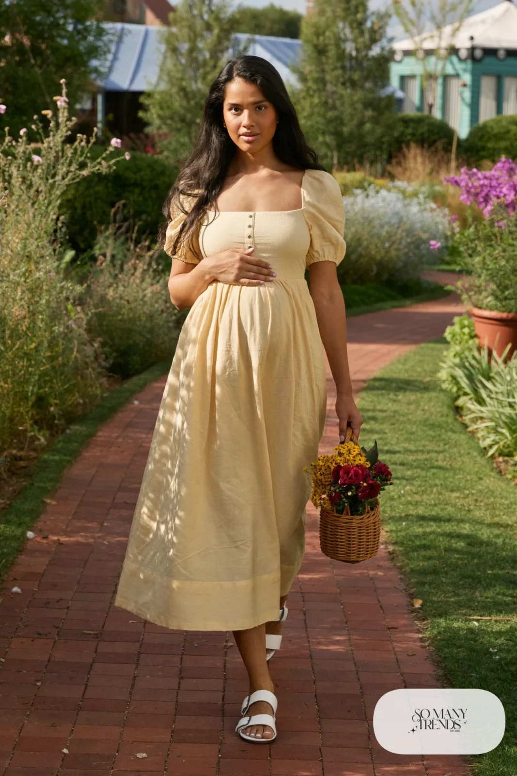 butter yellow maternity midi dress puff sleeves flower basket garden photo 7