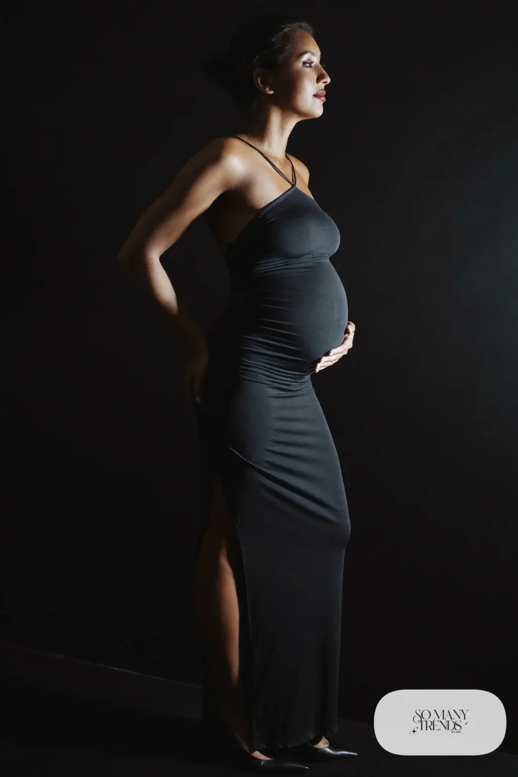 black fitted maternity gown side slit studio profile photo 8