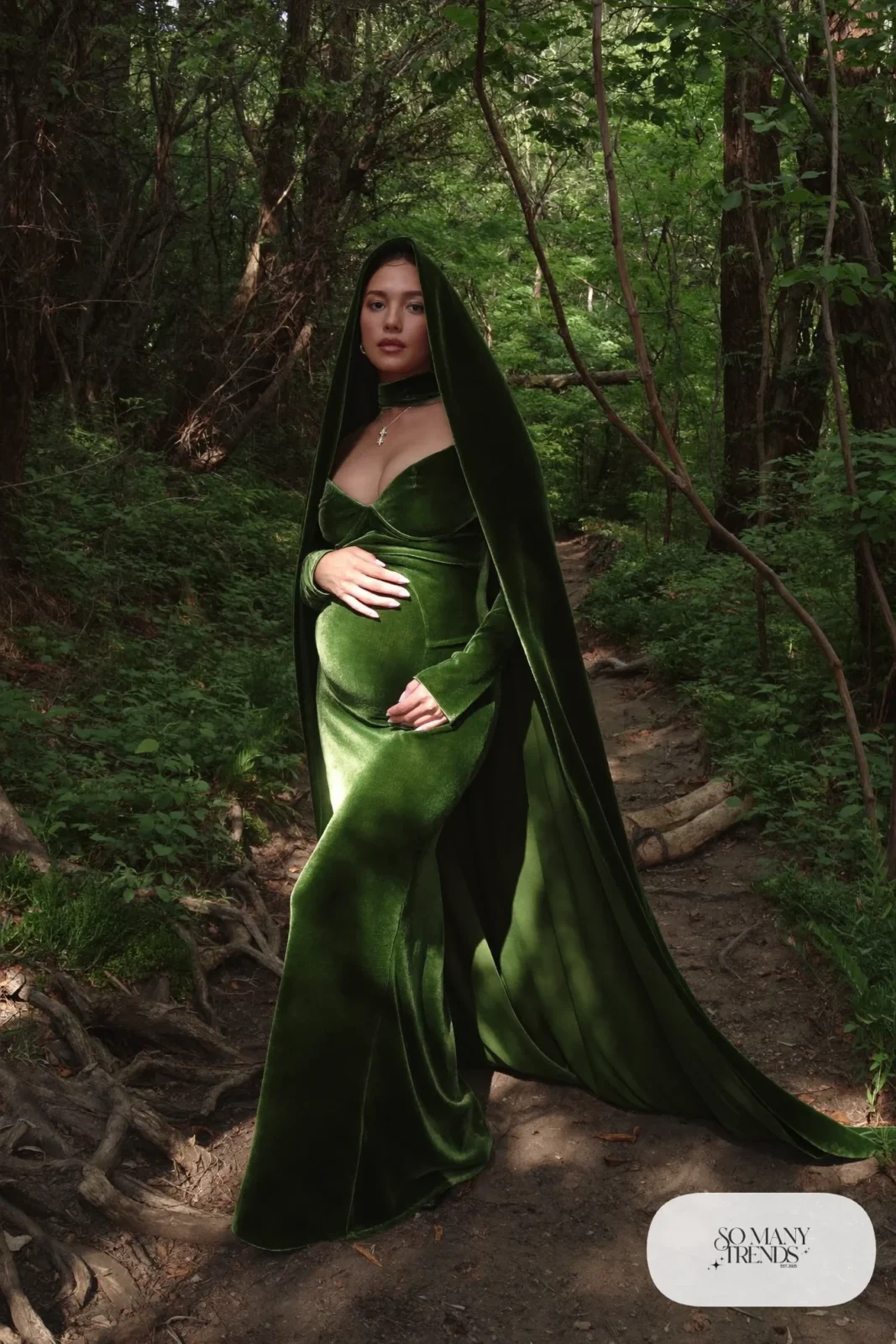 forest green velvet maternity gown cape woods path photo 10