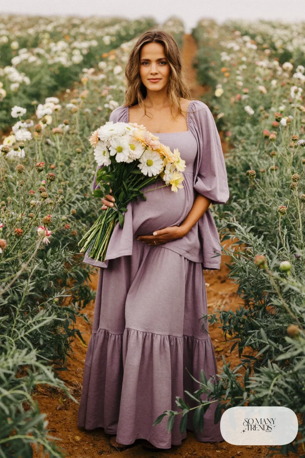 lavender tiered maternity maxi dress flower farm stems photo 15