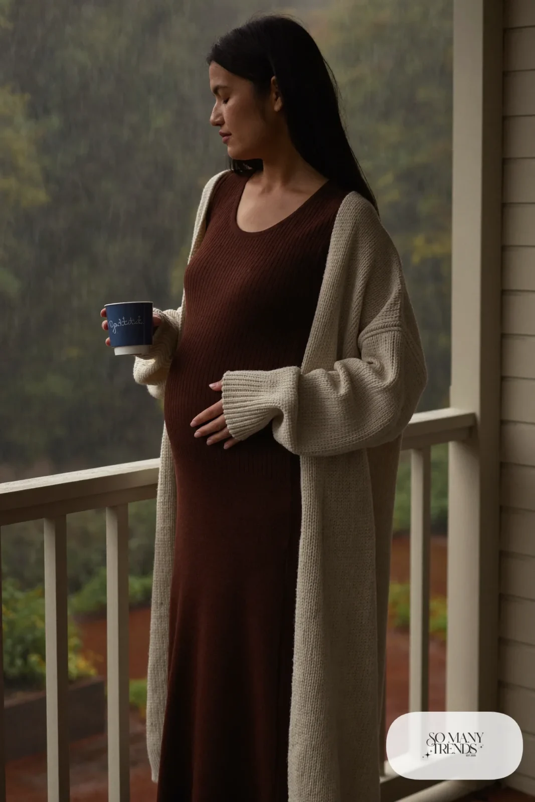 chocolate brown knit maternity maxi dress oversized cardigan porch rain photo 18
