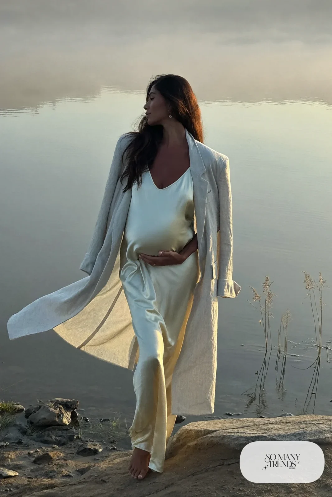 champagne slip maternity dress long linen cardigan lake dawn photo 23