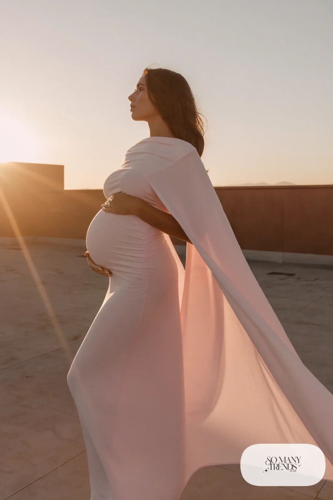 pale pink maternity cape dress rooftop sunrise photo 26