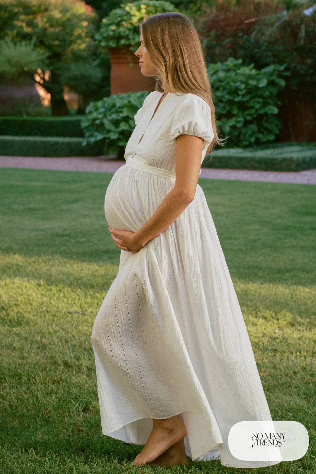 white eyelet maternity maxi dress barefoot grass lawn photo 28