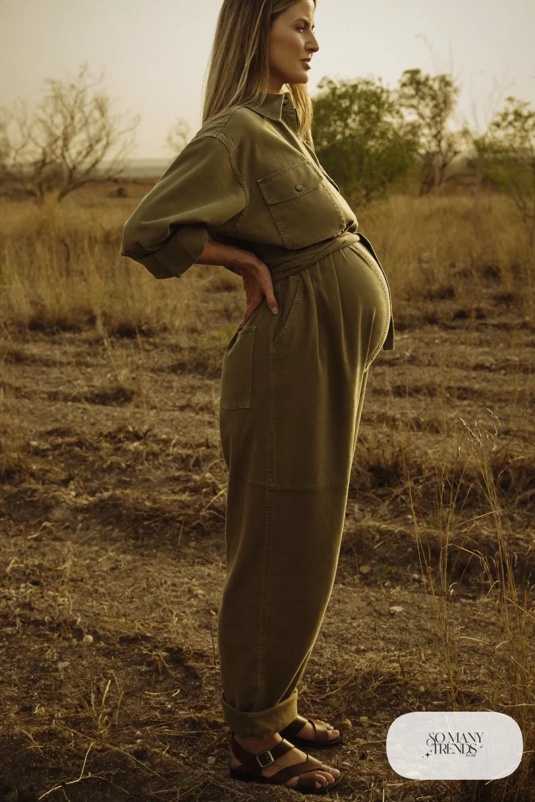 olive maternity jumpsuit rolled sleeves leather sandals dry field photo 29