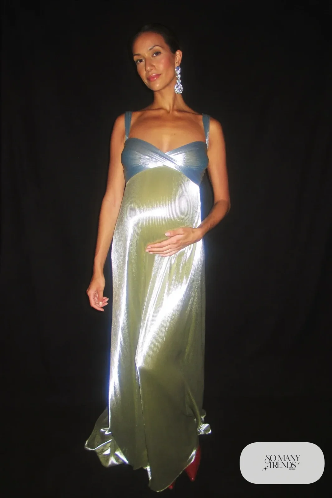 silver metallic maternity gown dark studio backdrop photo 30