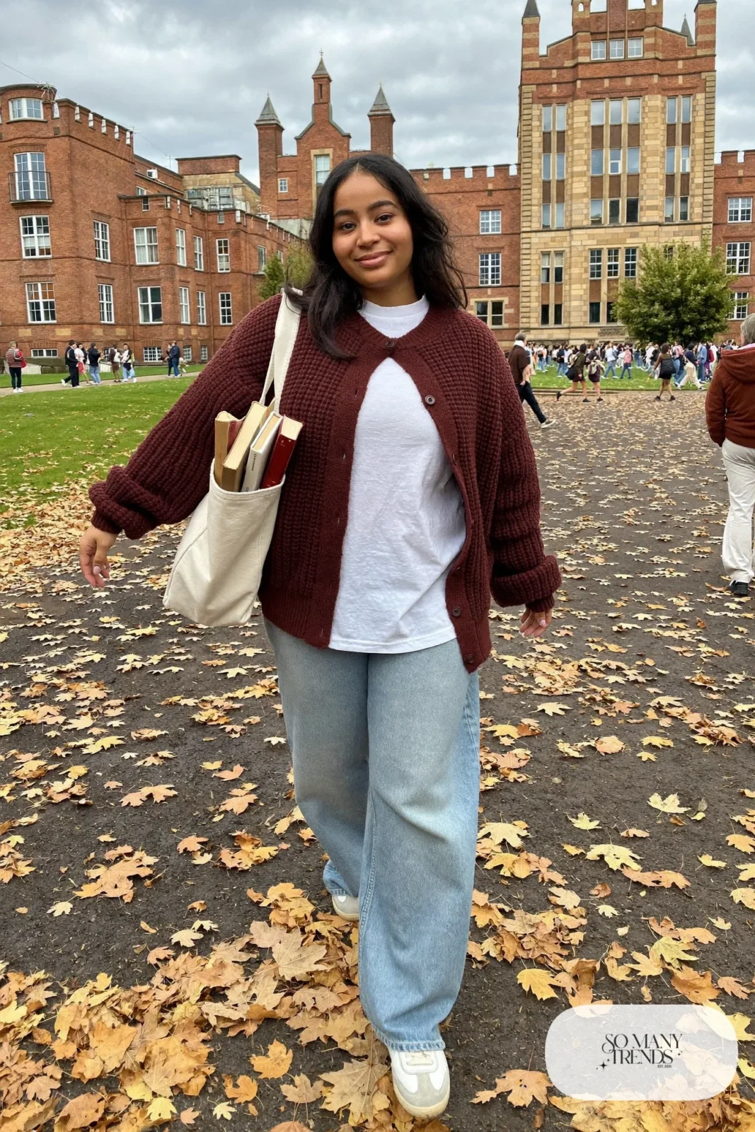 burgundy long cardigan coat white tee wide-leg jeans white sneakers outfit 4