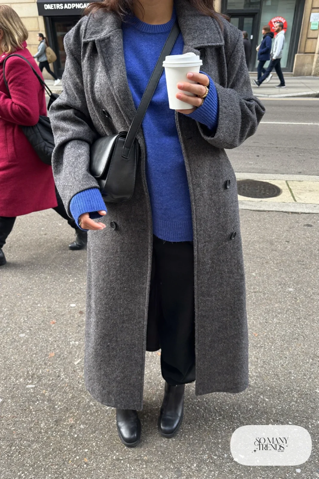 charcoal long wool coat cobalt sweater black straight pants chelsea boots outfit 5