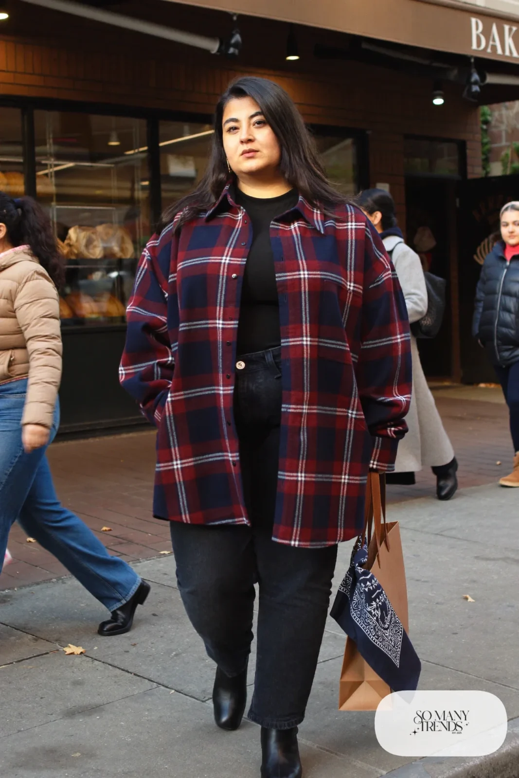 burgundy navy plaid shacket black tee dark jeans ankle boots outfit 10
