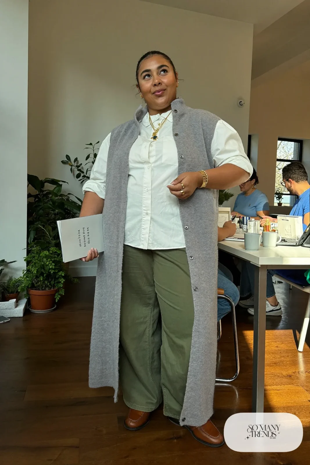 gray longline knit vest white poplin shirt wide-leg pants loafers outfit 12