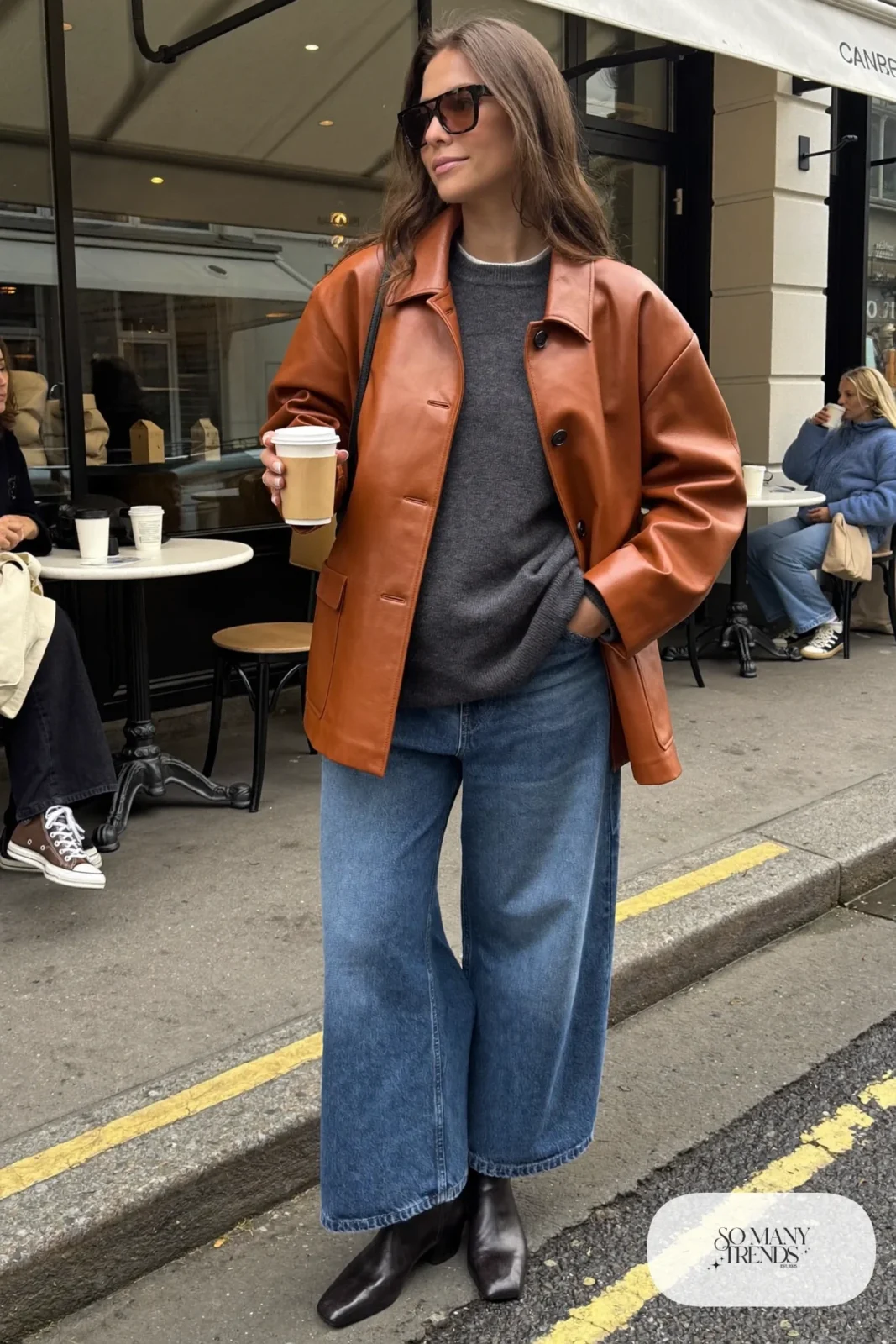 cognac faux leather jacket gray sweater wide-leg jeans boots outfit 13