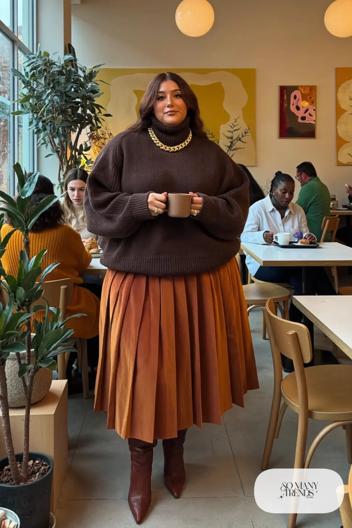 chocolate chunky turtleneck pleated midi skirt knee-high boots outfit 16