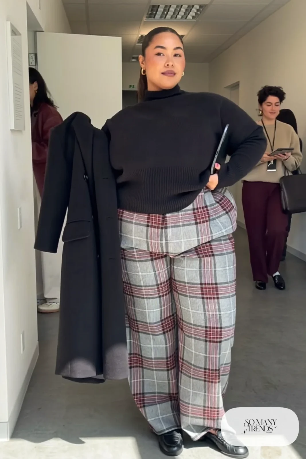 black mock neck sweater gray plaid wide-leg pants loafers outfit 18