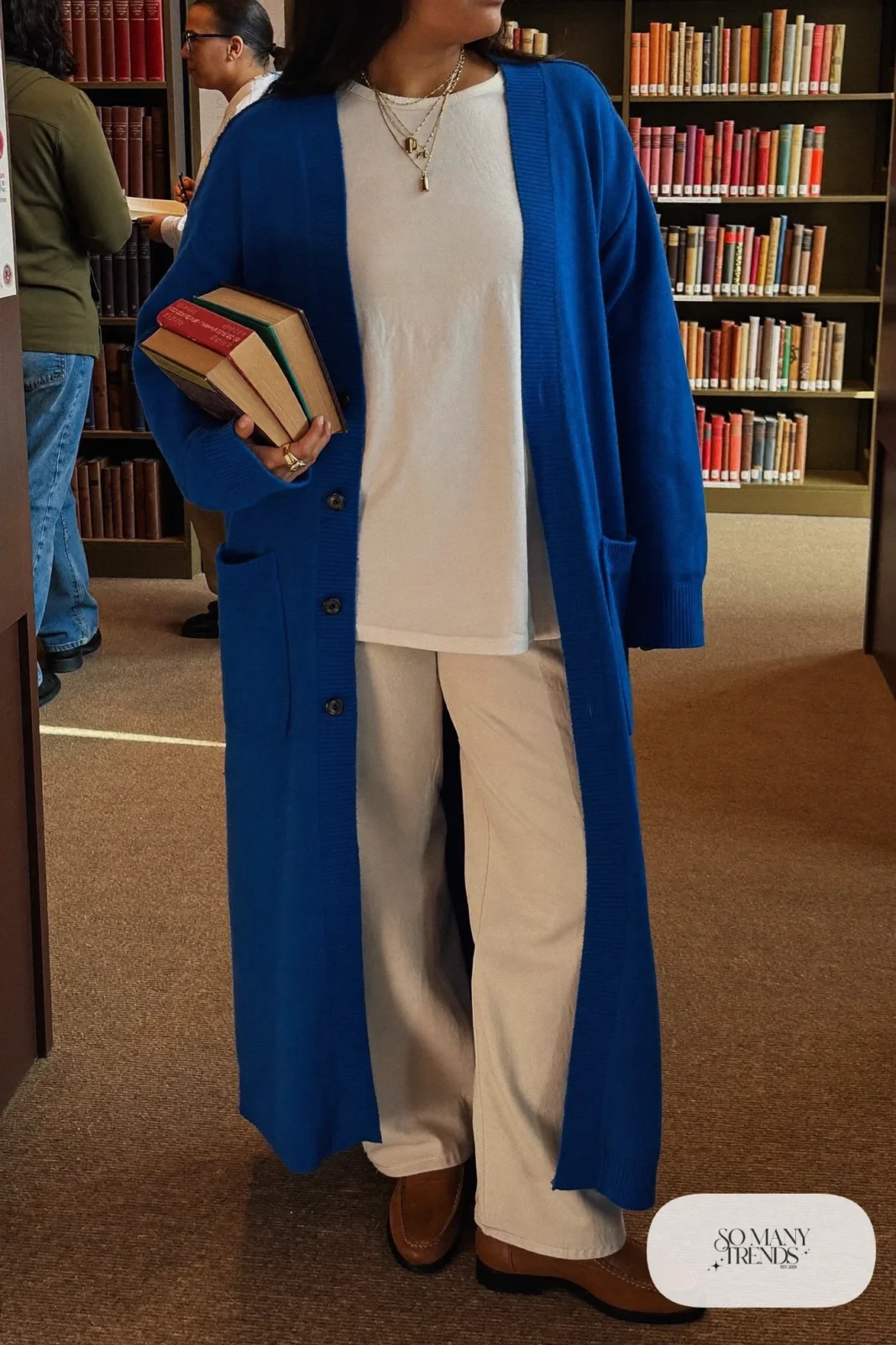 cobalt blue long cardigan white tee cream wide-leg pants loafers outfit 20