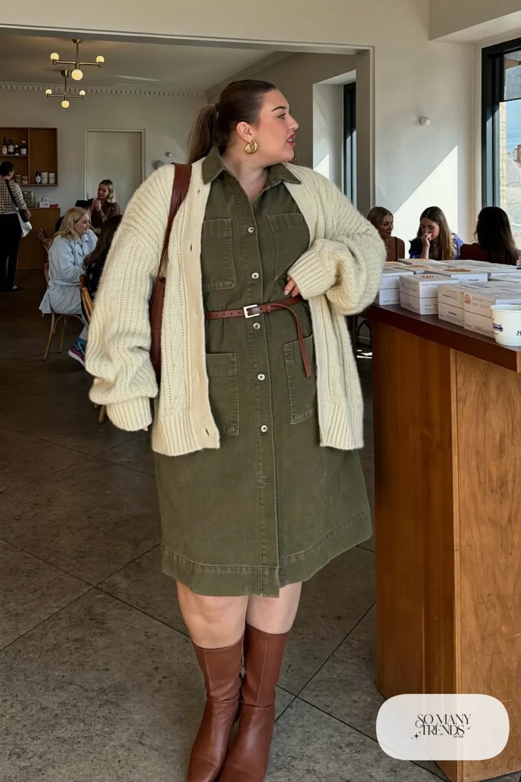 olive shirt dress chunky cream cardigan tall boots belt outfit 22
