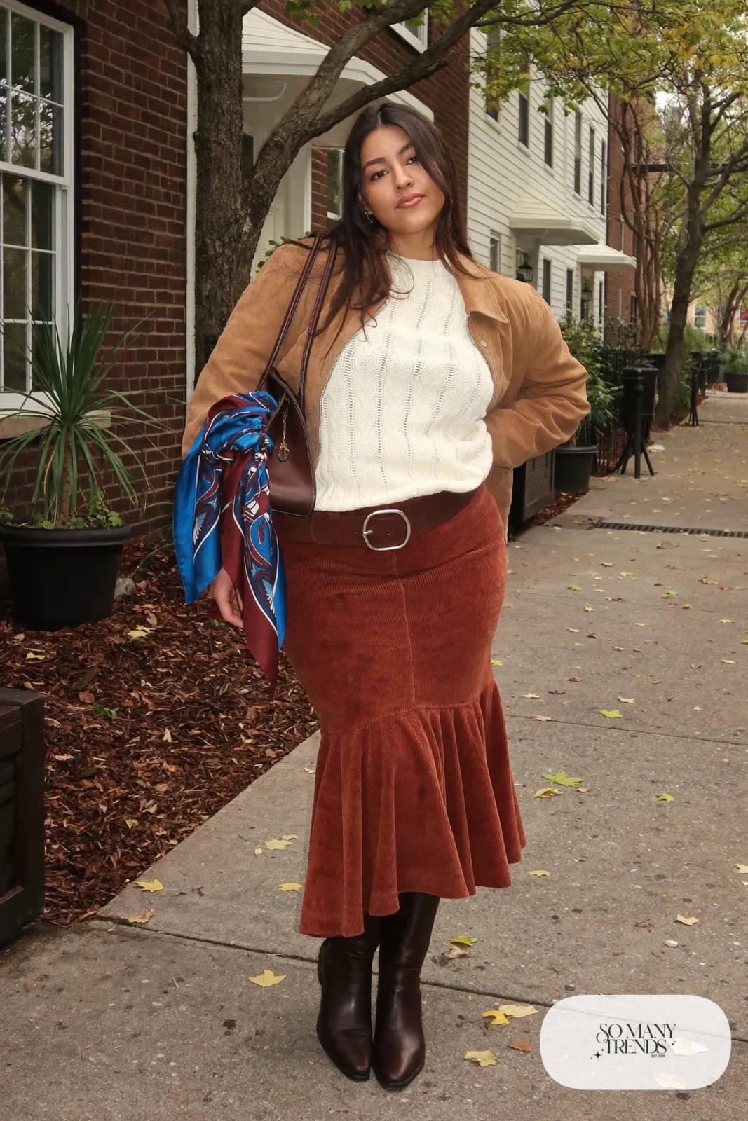 rust corduroy midi skirt cream sweater leather belt knee-high boots outfit 23