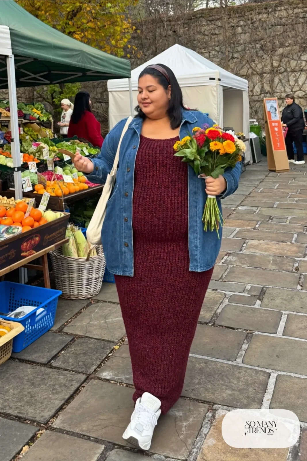 burgundy knit maxi dress oversized denim jacket sneakers outfit 24