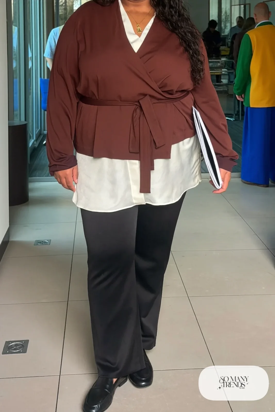 chocolate wrap cardigan white shell slim black pants loafers outfit 25