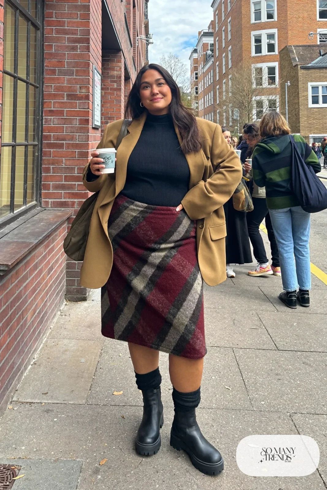 gray burgundy plaid midi skirt black turtleneck chunky boots outfit 27