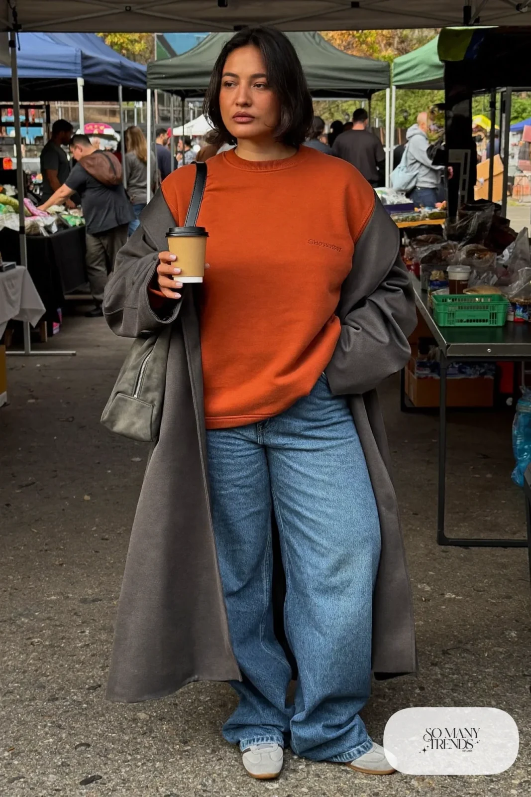 rust crewneck sweatshirt barrel jeans long gray coat sneakers outfit 28