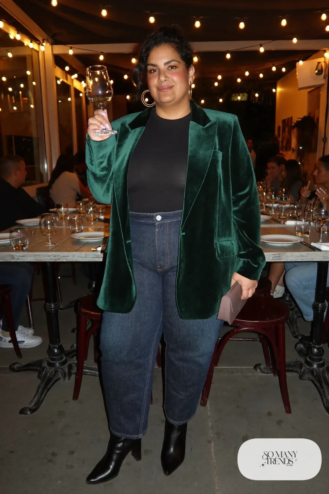 forest green velvet blazer black tee dark jeans heeled ankle boots outfit 30