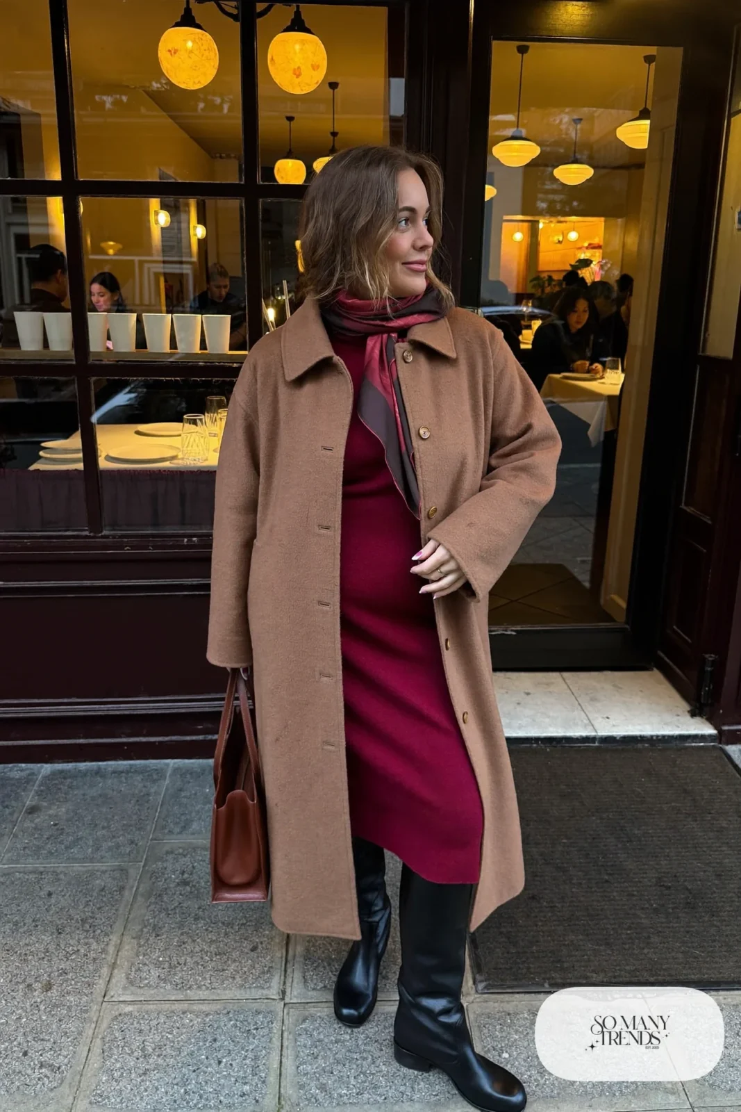 burgundy knit midi dress camel wool coat tall black boots structured bag outfit 32