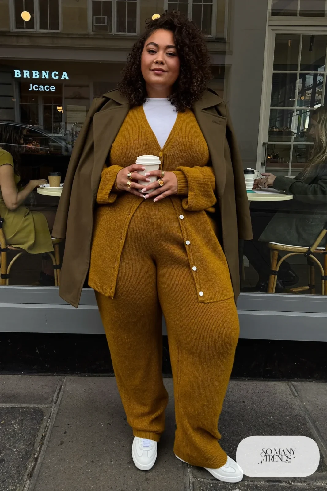 mustard knit cardigan set straight pants long coat sneakers outfit 33