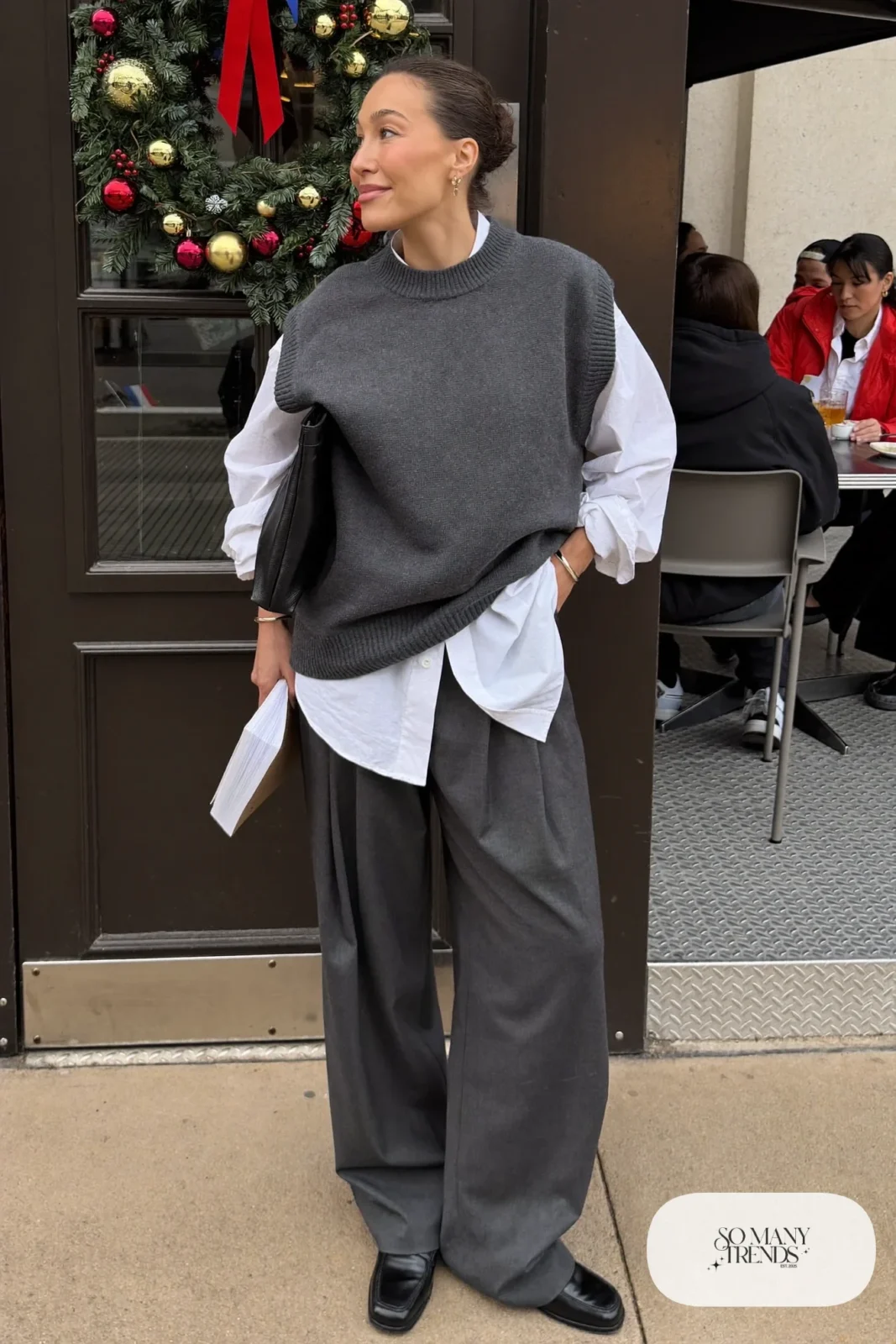 charcoal gray knit vest pleated wide-leg pants white poplin shirt loafers outfit 3