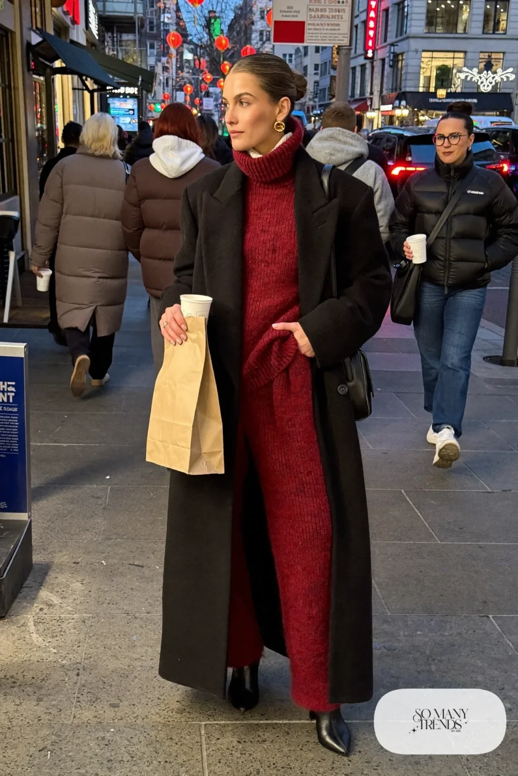 burgundy ribbed turtleneck matching straight pants black long wool coat ankle boots outfit 4