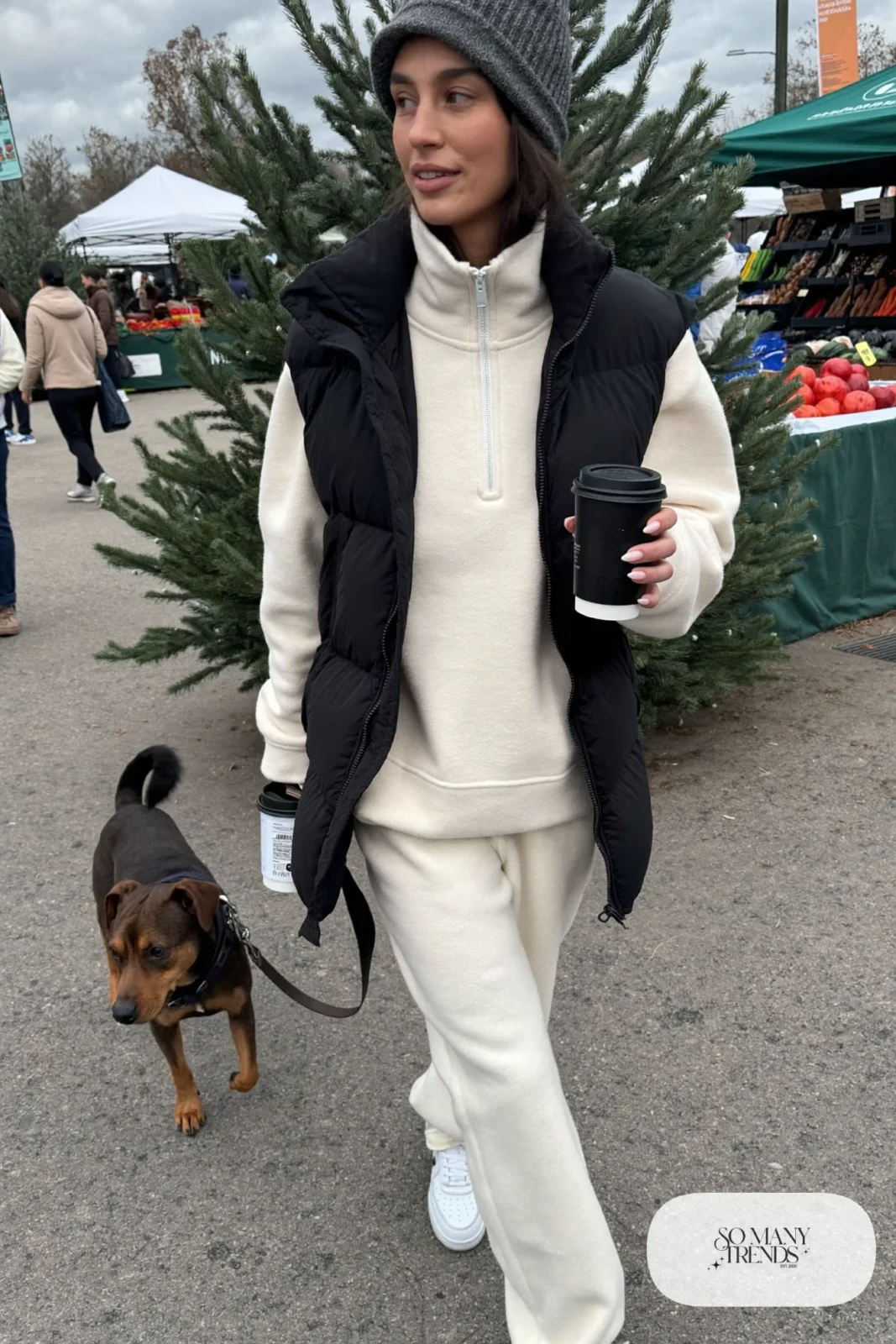 ivory fleece zip pullover matching joggers black puffer vest white sneakers outfit 5