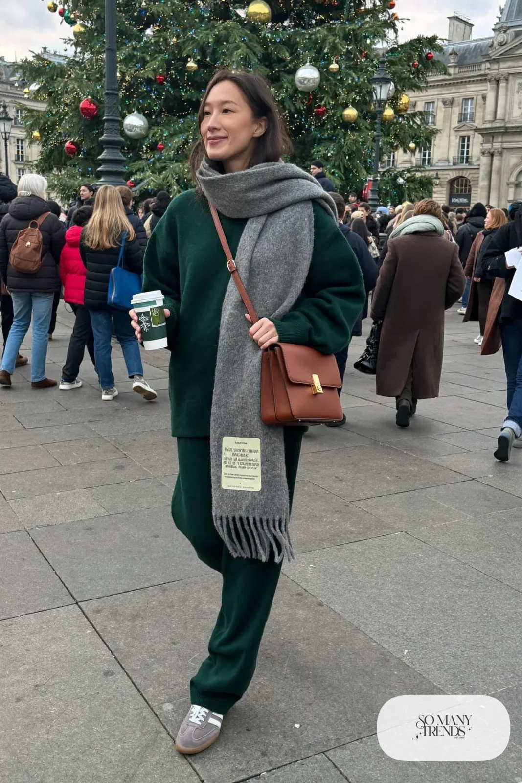 forest green knit sweater matching wide-leg knit pants gray suede sneakers wool scarf outfit 6
