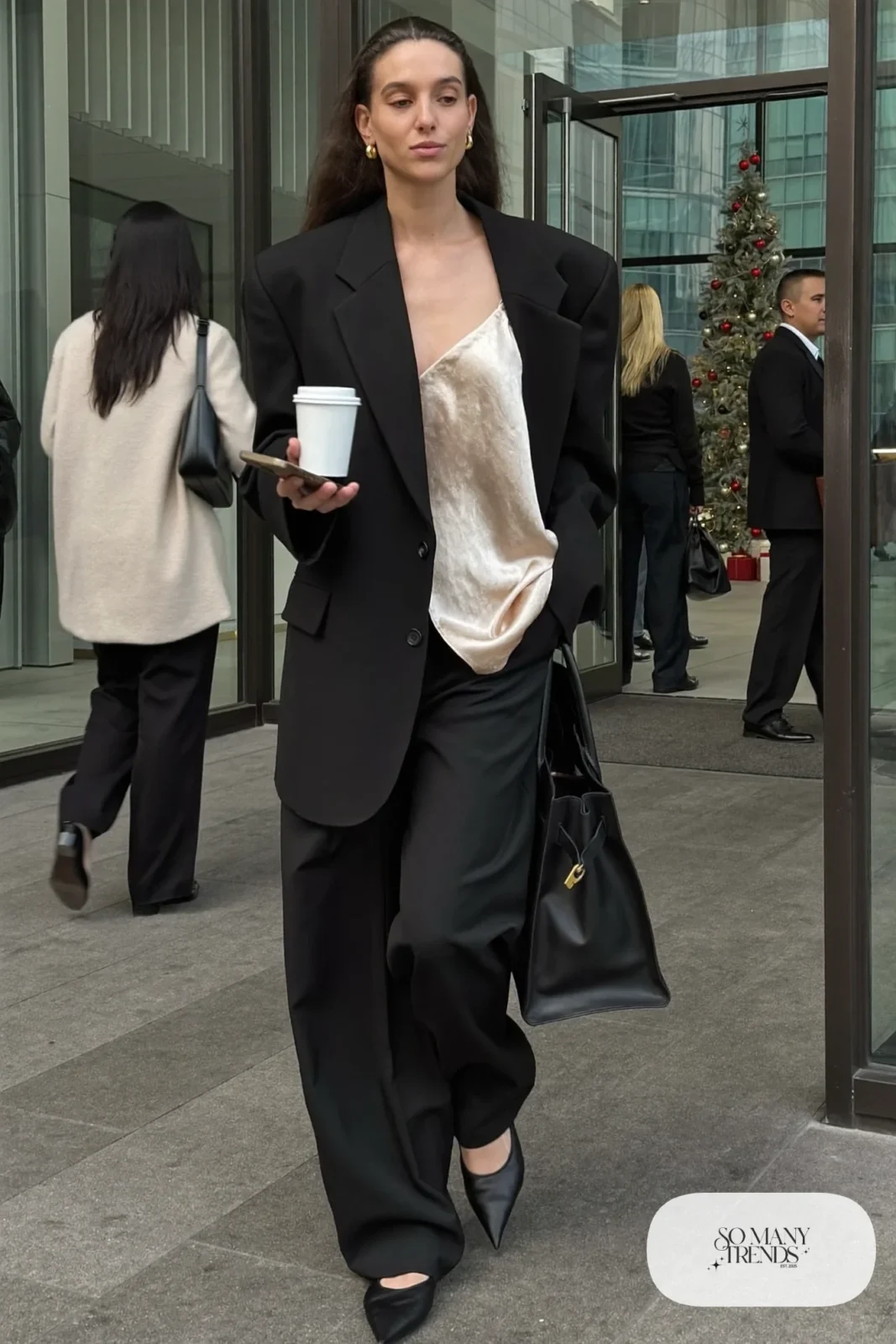 black oversized blazer matching wide-leg pants silk camisole pointed flats tote outfit 7