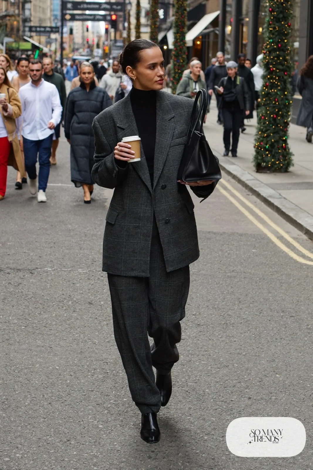 charcoal gray flannel blazer matching trousers black turtleneck block heel ankle boots outfit 10