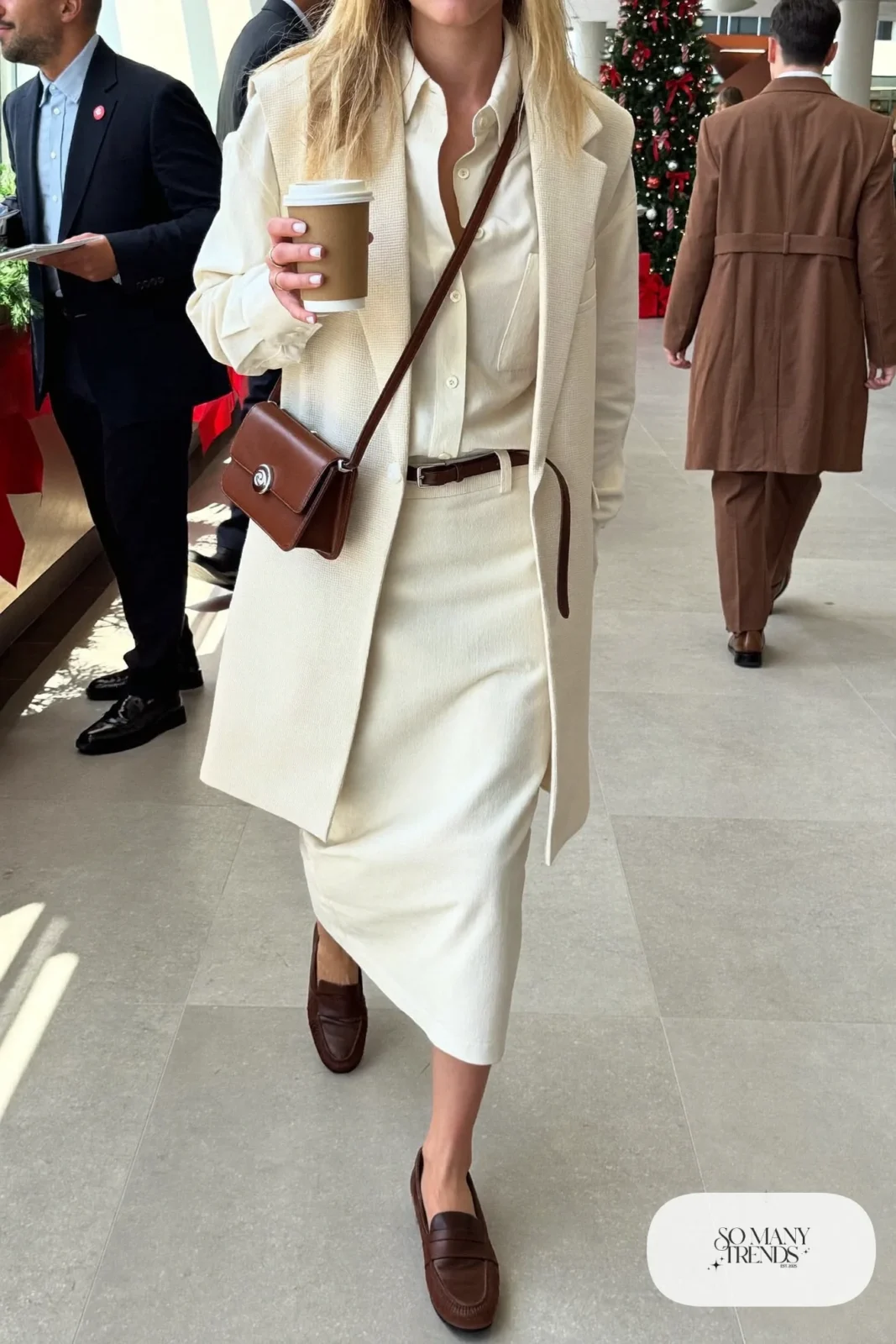 ivory tailored vest matching long pencil skirt chocolate leather belt loafers crossbody bag outfit 11