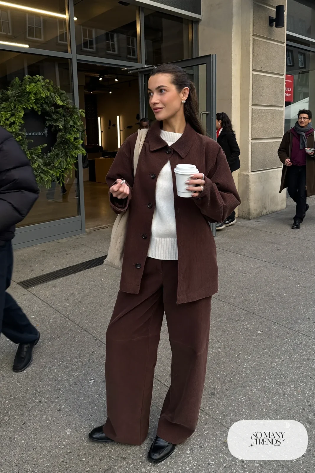 chocolate brown corduroy jacket matching wide-leg corduroy pants cream sweater loafers outfit 12