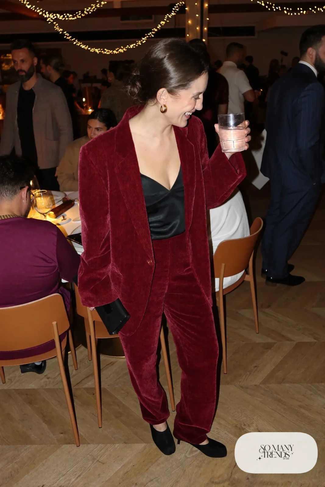 burgundy velvet blazer matching straight pants black satin camisole black pumps clutch outfit 13