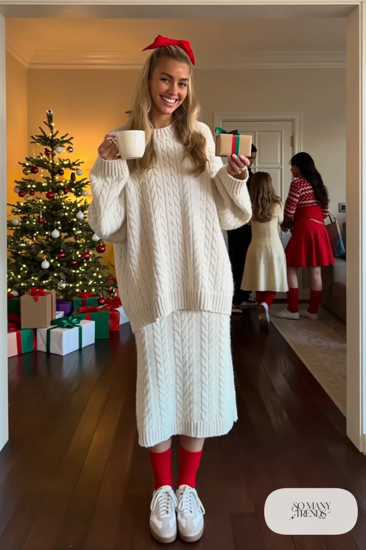 ivory cable knit sweater matching knit midi skirt red socks white sneakers outfit 17