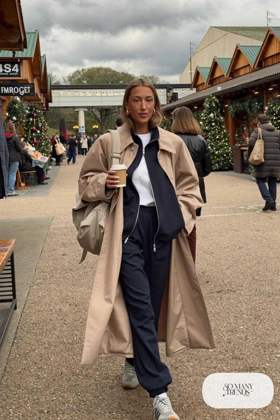 navy zip track jacket matching track pants beige trench coat white tee gray sneakers outfit 22