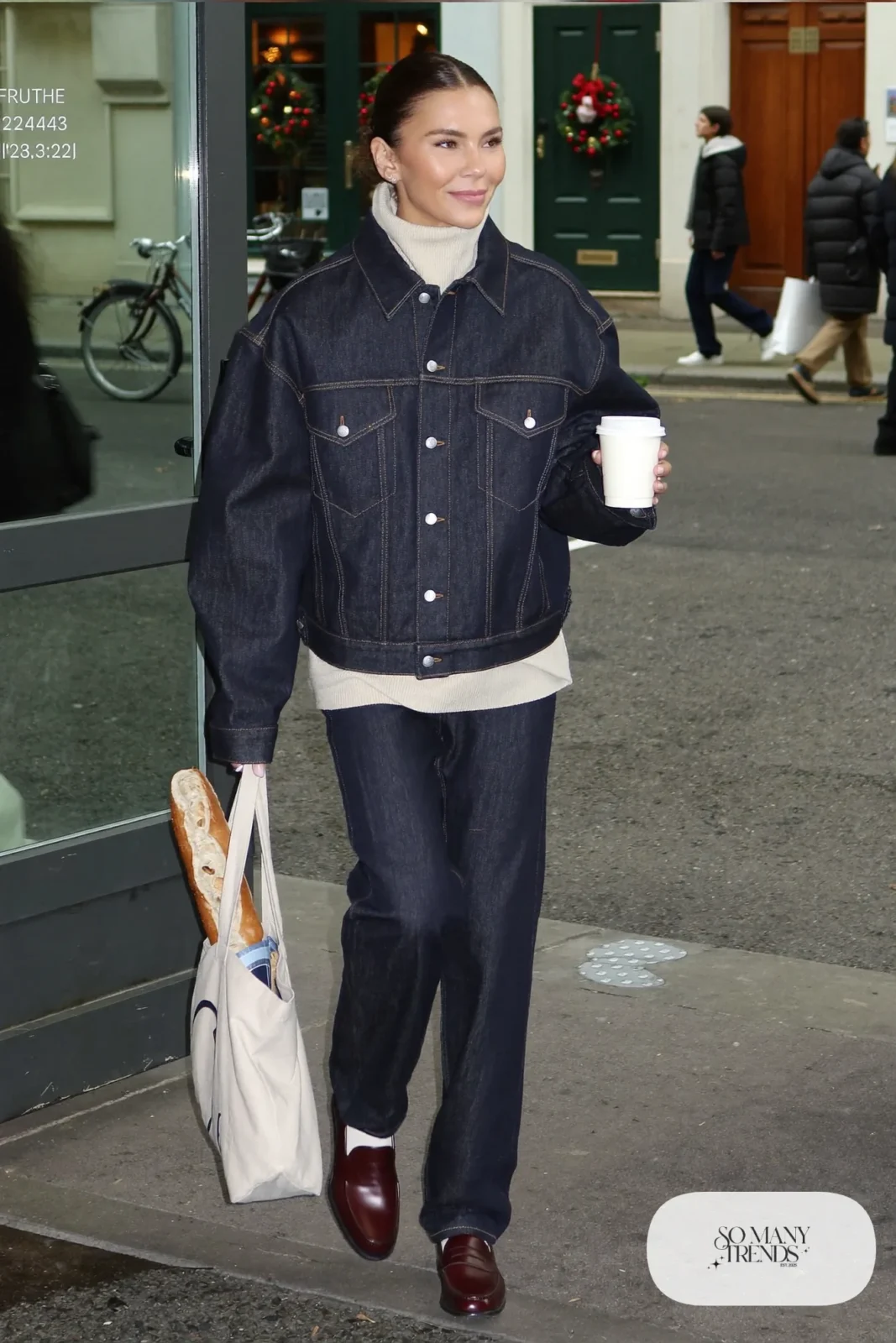dark wash oversized denim jacket matching straight jeans cream turtleneck brown loafers tote outfit 25