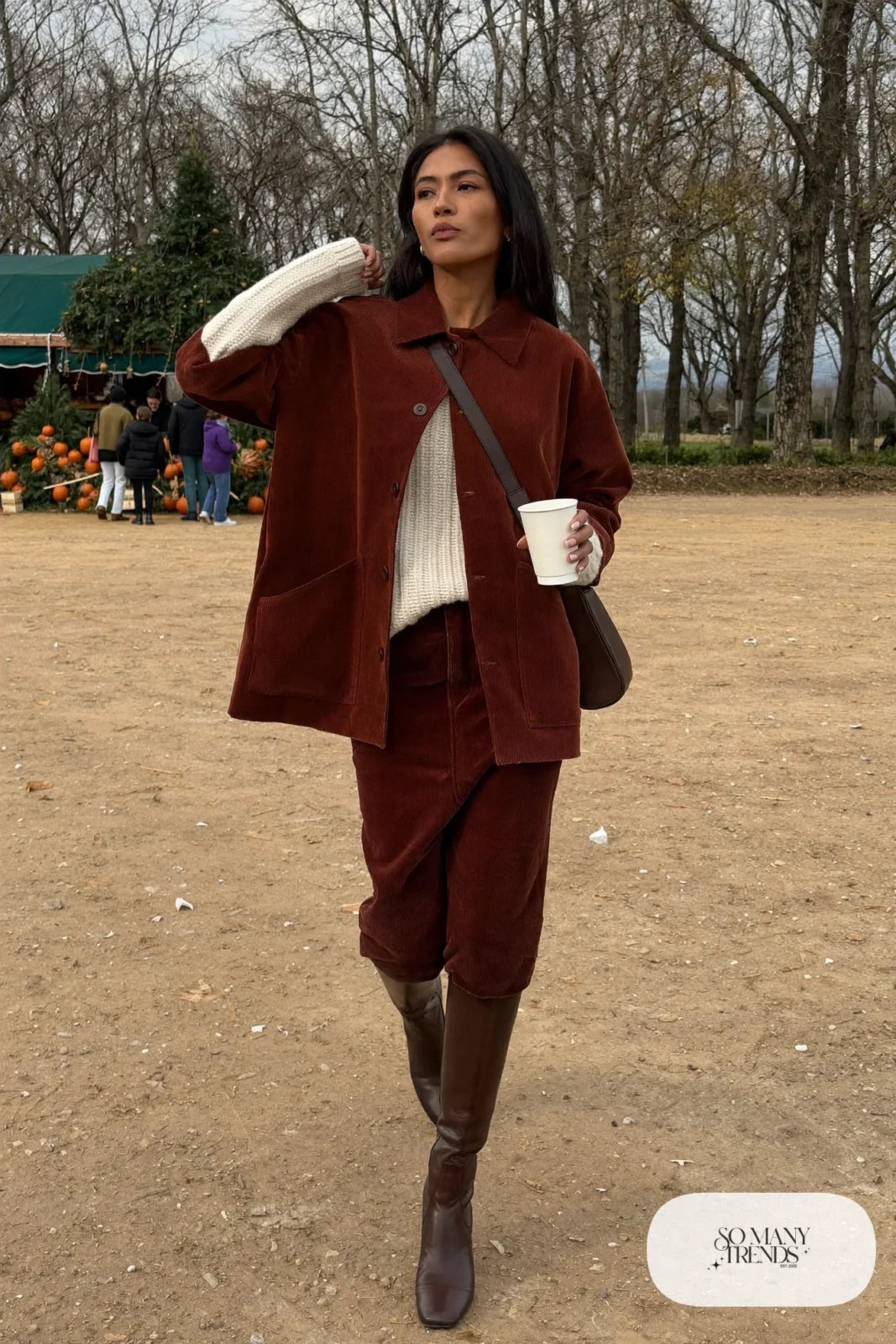 rust corduroy shacket matching corduroy midi skirt cream sweater brown knee-high boots crossbody bag outfit 26