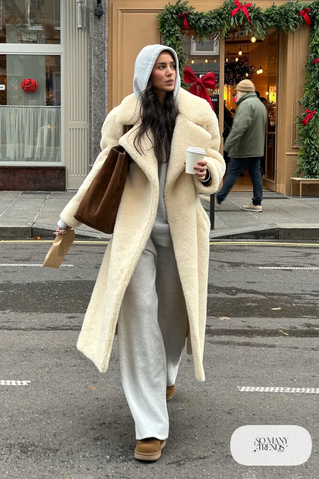 gray knit hoodie matching straight sweatpants oversized shearling coat brown suede boots leather tote outfit 29