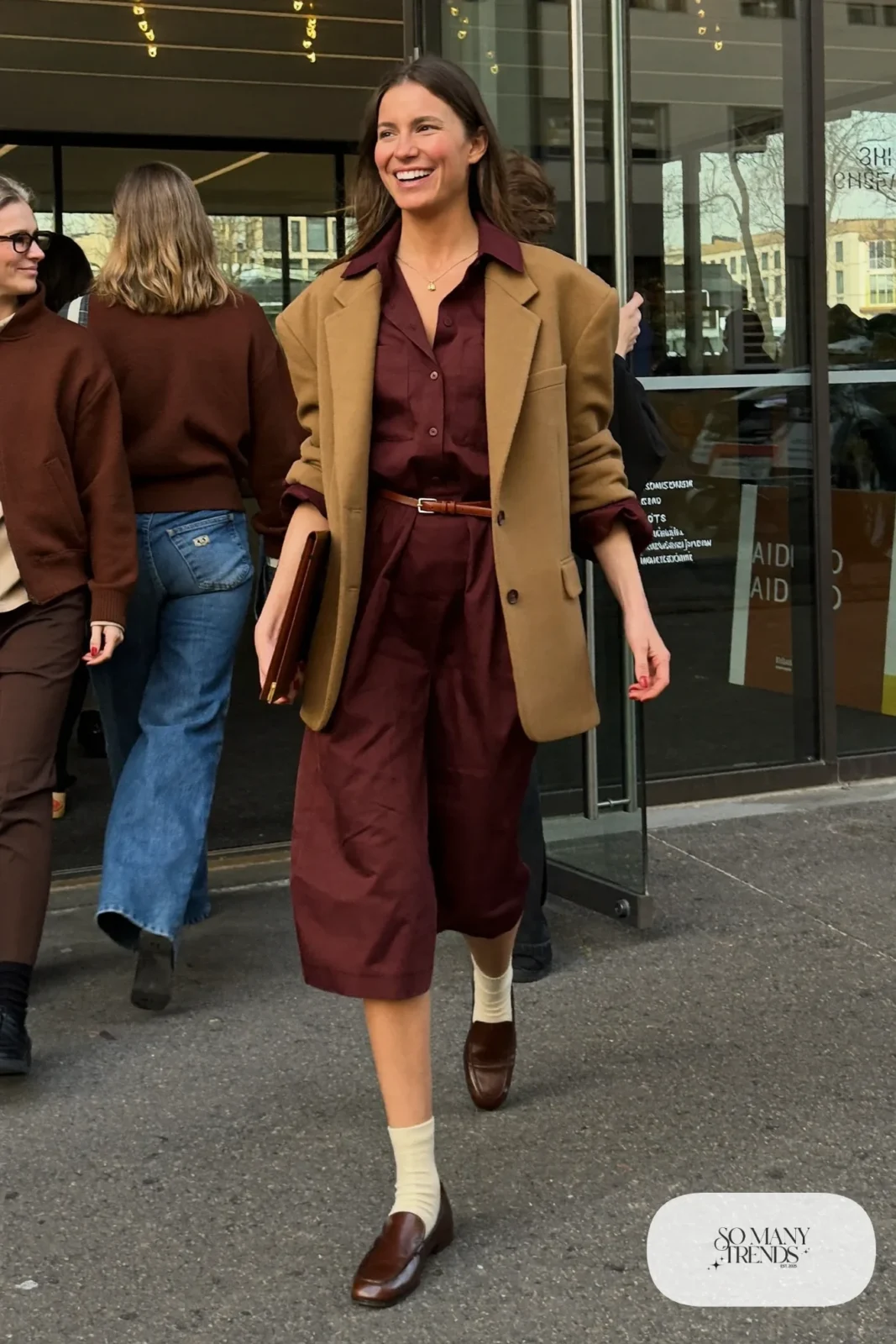 burgundy poplin shirt dress boxy camel blazer brown loafers socks belt outfit 2