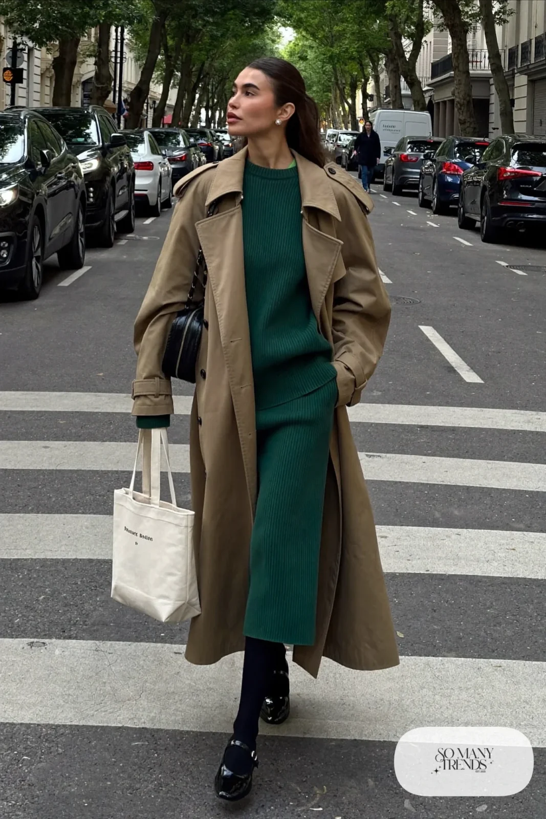 forest green ribbed knit sweater and midi skirt set stone trench coat black mary janes sheer tights outfit 3