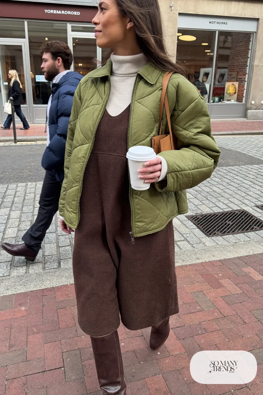 chocolate brown wool pinafore midi dress cream turtleneck olive quilted jacket tall brown boots outfit 5