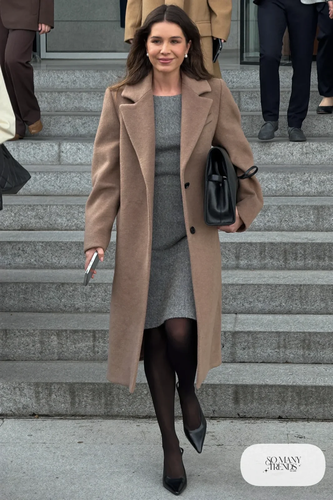 gray tweed knee length dress long camel wool coat black slingback pumps black tights pearl studs outfit 6