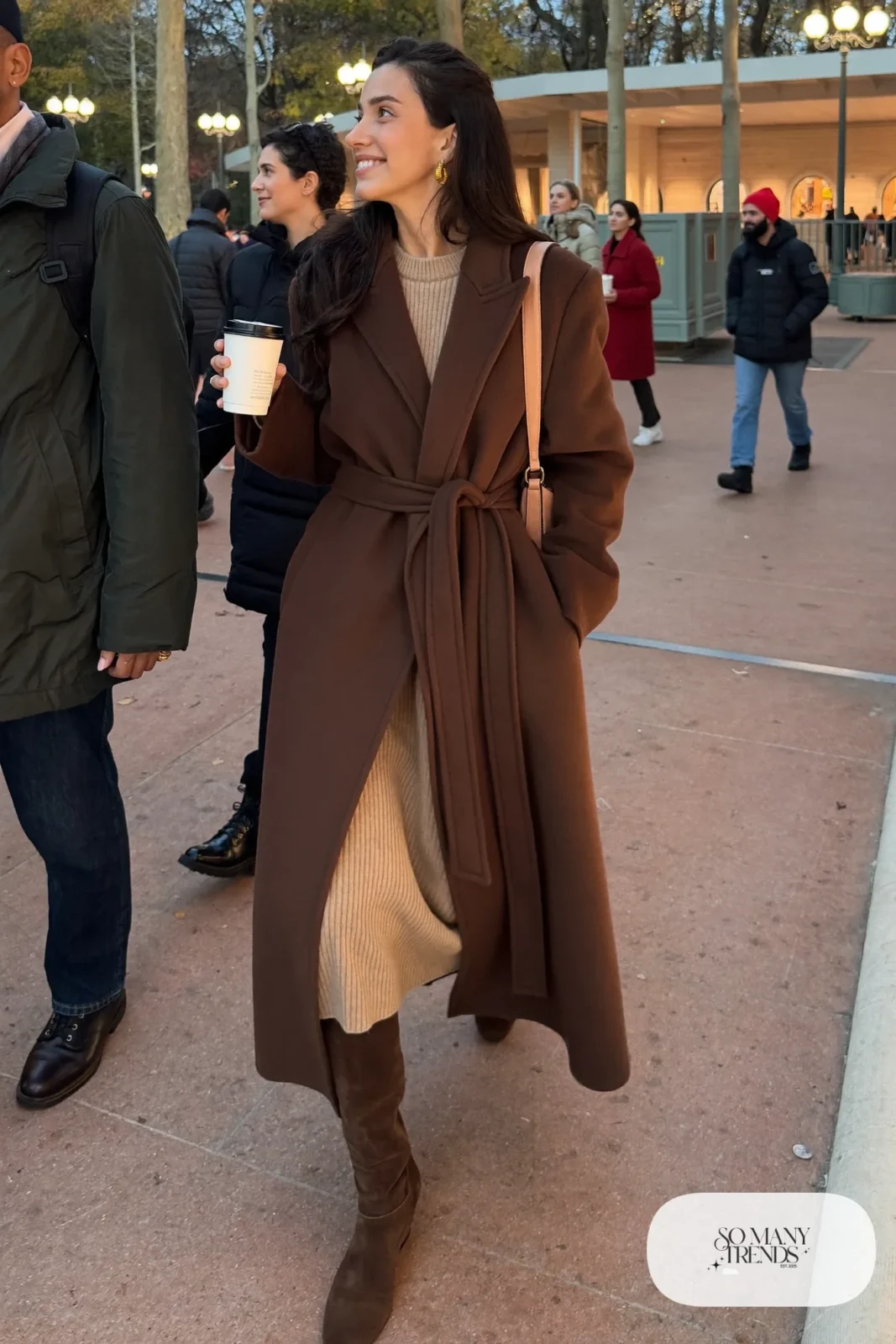 camel ribbed knit midi dress oversized chocolate wool coat belted brown suede knee high boots outfit 12