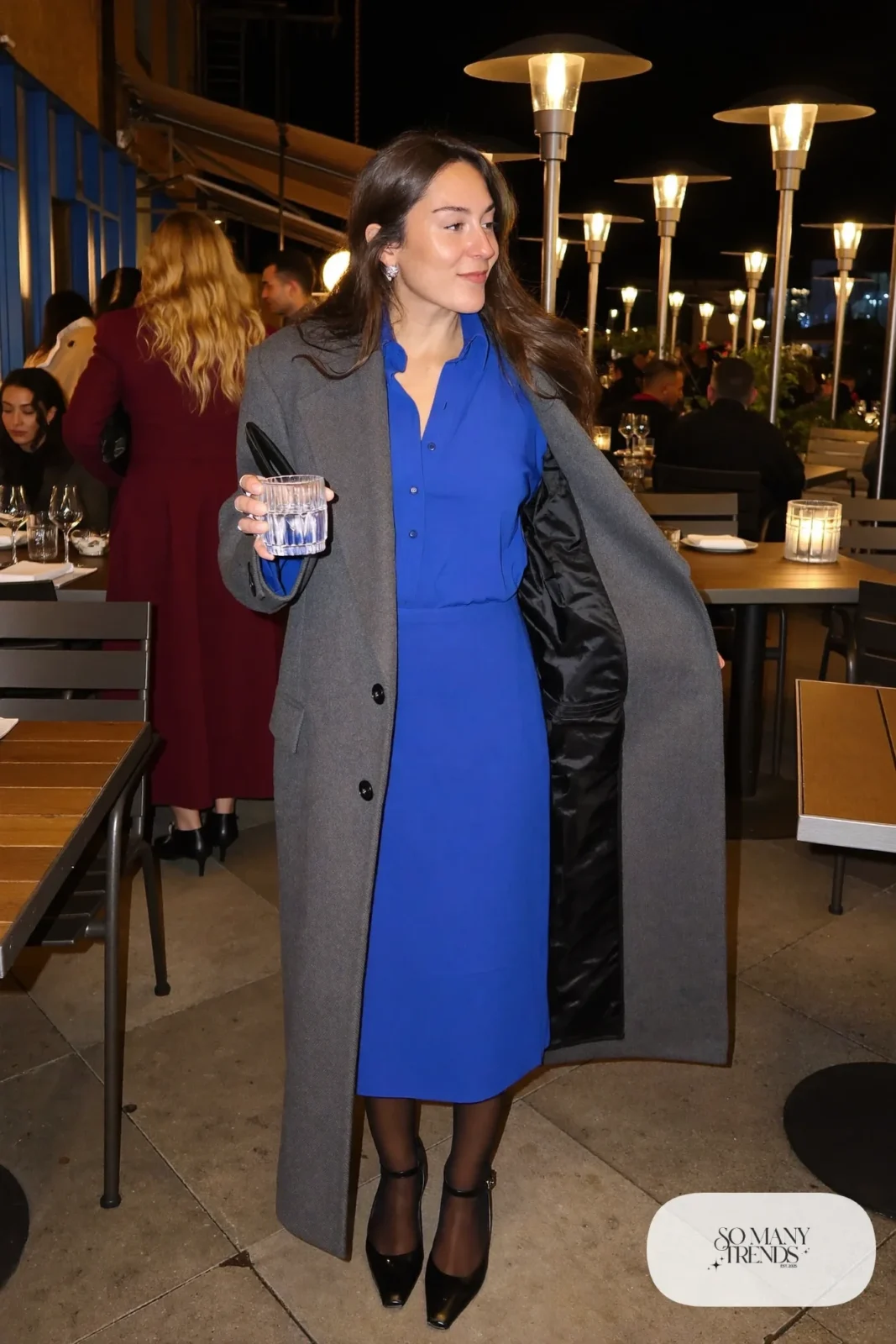 cobalt blue long sleeve midi dress oversized long gray wool coat black closed pumps ankle strap clutch outfit 14