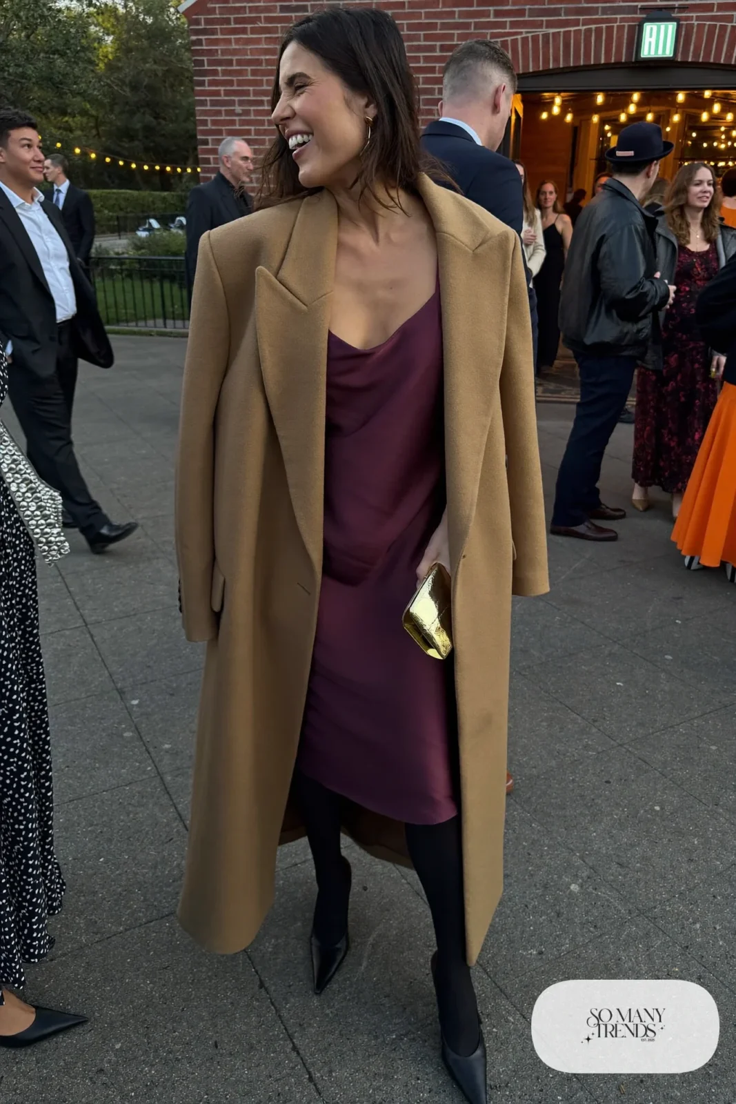 burgundy satin cowl neck midi slip dress camel overcoat black slingback pumps tights gold clutch outfit 17