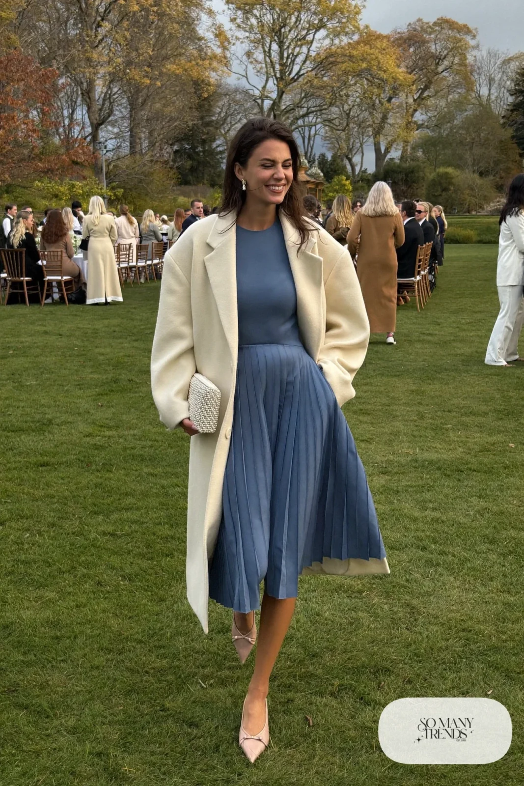 dusty blue pleated long sleeve midi dress cream tailored coat nude pointed flats pearl clutch outfit 19